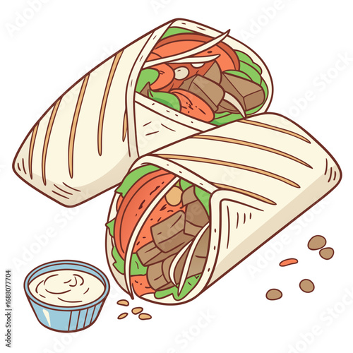 Delicious 3d shawarma wrap cut in half illustration vector scalable graphic