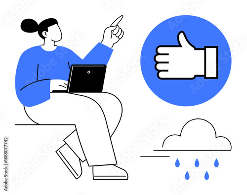 Person using laptop while pointing upward, accompanied by thumbs-up and raindrop icons. Ideal for weather apps, productivity tools, motivation, workflow, decision-making, feedback, and simple landing