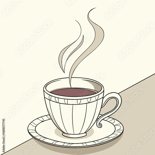 Hand-drawn vector illustration of a steaming teacup and saucer perfect for beverage and cafe themes