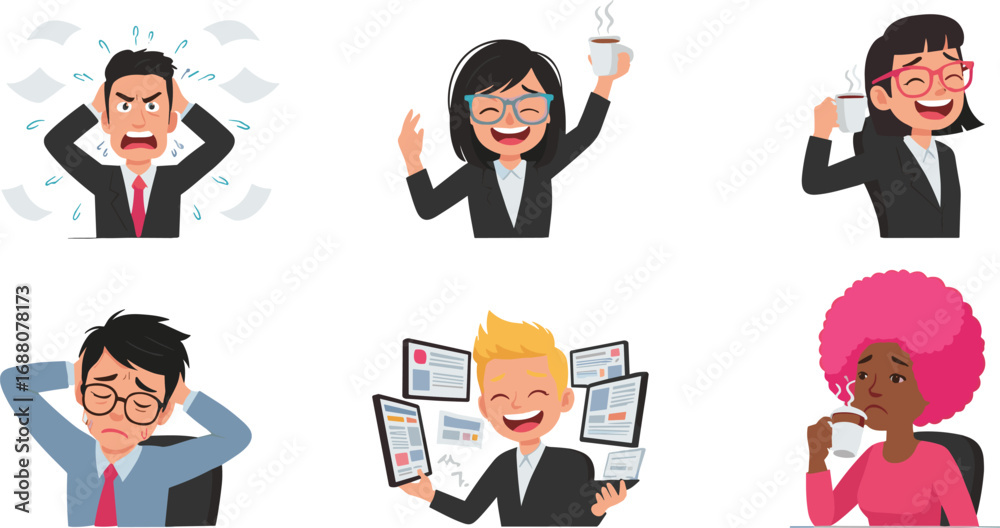 Fototapeta premium Cartoon business people, office workers, stress, happiness, coffee break, multitasking, emotions, frustration, tired employees, corporate lifestyle illustration, workplace character set