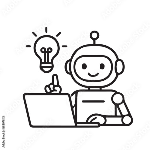 Stylized vector drawing of robot using laptop, AI ChatGPT theme solution, presented in elegant monochrome black and white with bold outlined structure.