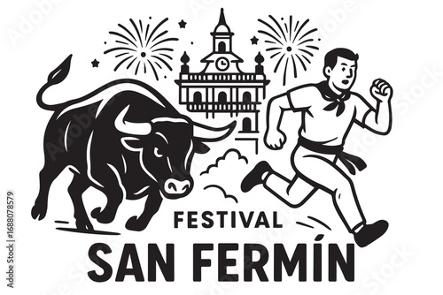 Vector background themed San Fermin Festival Spain, black and white concept, featuring running bulls, cheering crowds, and traditional costumes outlined strongly in bold black.