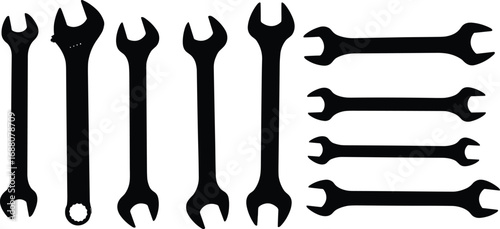 Vector illustration of various open-end wrenches set, hand tools for mechanical repair, maintenance, automotive, and hardware industry equipment
