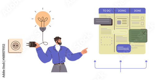 Man holding plug connecting to glowing lightbulb beside a kanban-style task board with categories. Ideal for teamwork, brainstorming, productivity, planning, collaboration, workflow, creativity