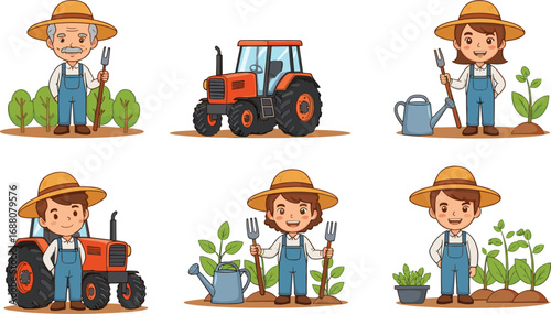 Cartoon farmers, tractor, agriculture tools, watering can, plants, gardening, countryside, village life, harvest, farming illustration, agriculture characters, rural lifestyle