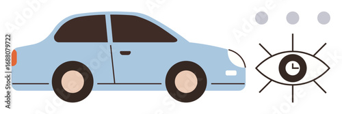 Blue car next to an eye with a clock symbol, representing autonomous driving, time optimization, and smart technology. Ideal for automotive trends, safety, technology, innovation, future efficiency