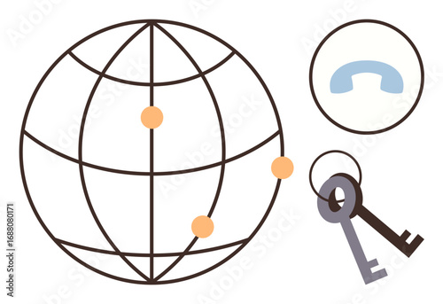 Globe with interconnected points symbolizes networking phone receiver suggests communication, and keys represent access and security. Ideal for global networking, communication, digital security