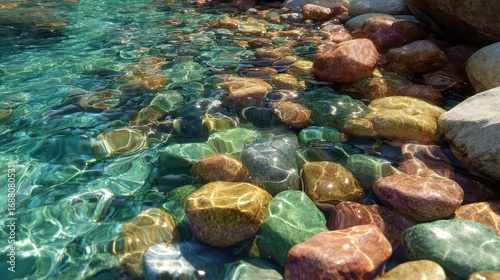 Clear stream flows over colorful river stones