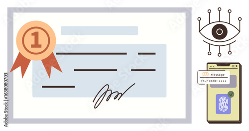 Certificate featuring a badge and signature, biometric fingerprint on mobile device, and eye scanner. Ideal for authentication, security, trust, certification, privacy identity verification. Simple