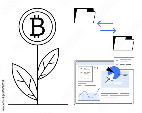Bitcoin plant growth symbolizing cryptocurrency rise, data sharing folders with arrows, analytics dashboard. Ideal for blockchain, decentralization, fintech, economy, innovation, finance simple