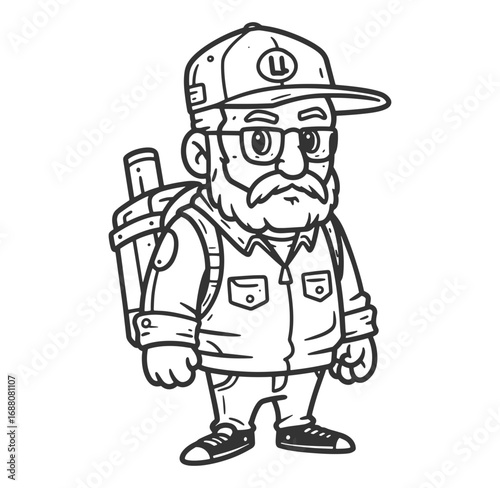 Cartoon illustration of a bearded man with glasses and a backpack wearing a cap