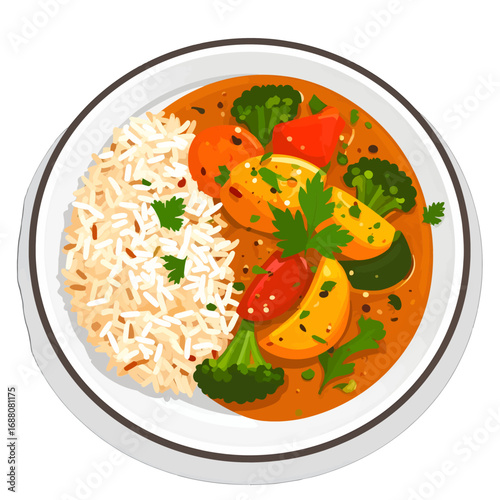 Wallpaper Mural Overhead Shot of Colorful Vegetable Curry with Rice on White Plate Detailed Illustration of Vegetarian Dish with Orange Sauce and Green Broccoli on White Torontodigital.ca