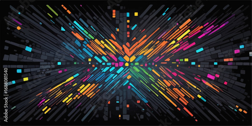 Abstract, colorful technology background with glowing light bursts and energetic fiber lines
