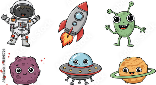 Cartoon space illustration, astronaut, rocket, alien, UFO, planet, asteroid, galaxy elements, solar system characters, space exploration, cosmic cartoon set