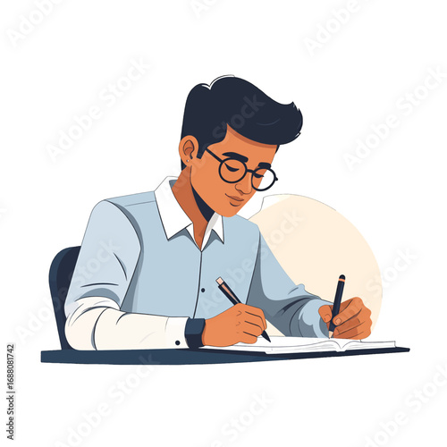 Wallpaper Mural Focused Young Person Writing with Pen on Paper at Desk With Light Blue Shirt and Glasses in Clean White Background Animated Style Torontodigital.ca
