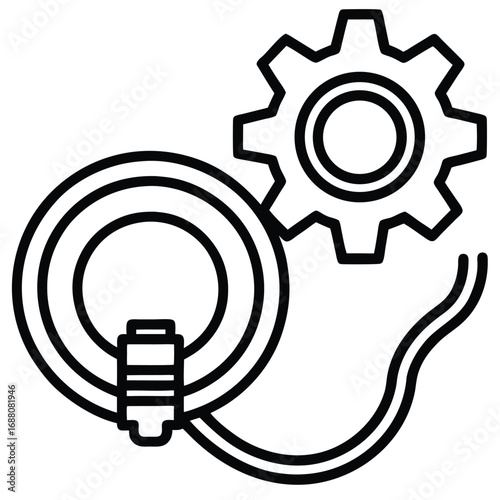 Illustration of a hose connected to a gear, symbolizing fluid dynamics, mechanics, and industrial processes