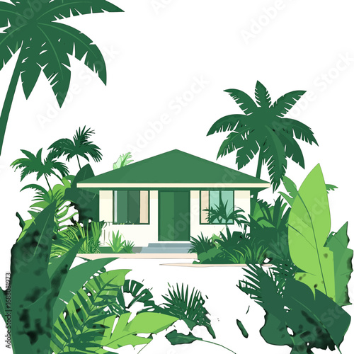 Wallpaper Mural Tropical House Surrounded by Palm Trees and Green Foliage in Bright Daylight on a White Background Idyllic Getaway Architecture and Lush Vegetation Torontodigital.ca