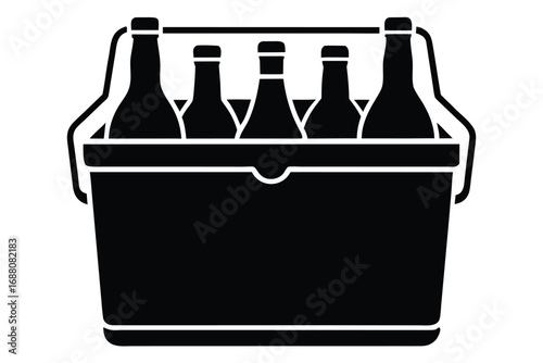 Vector art of a black cooler filled with five bottles, perfect for a picnic or party, a simple and stylish illustration in monochrome