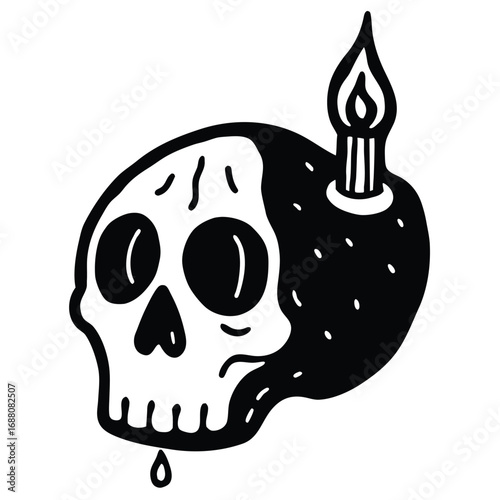 Vector art of creepy skull with candle, a macabre symbol of mortality and the ephemeral nature of life, perfect for gothic or halloween themes