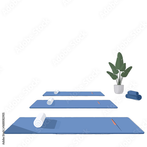Wallpaper Mural Minimalist Yoga Studio with Blue Mats Rolled Towels and Green Plant in White Pot Isolated on White Background in Clean and Serene Style Design Torontodigital.ca