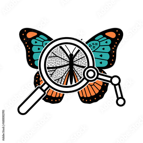 Wallpaper Mural Stylized Butterfly Anatomy Concept with Magnifying Glass in Graphic Design and Teal and Orange Wings on White Background Torontodigital.ca