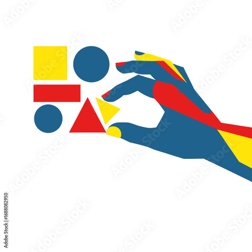 Wallpaper Mural Geometric Hand Holding Triangle with Blue Hand Red Details and Yellow Accents on White Background Aesthetic Design Torontodigital.ca