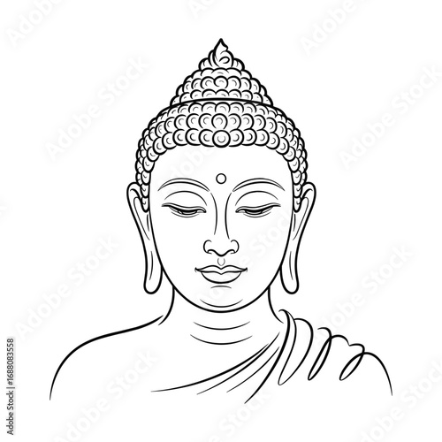 Serene buddha head illustration with closed eyes and traditional robes