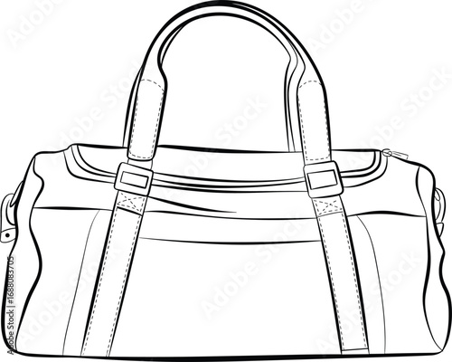 Handbag fashion accessory vector illustration, travel duffle bag line art, stylish leather purse design, isolated white background drawing, outline sketch