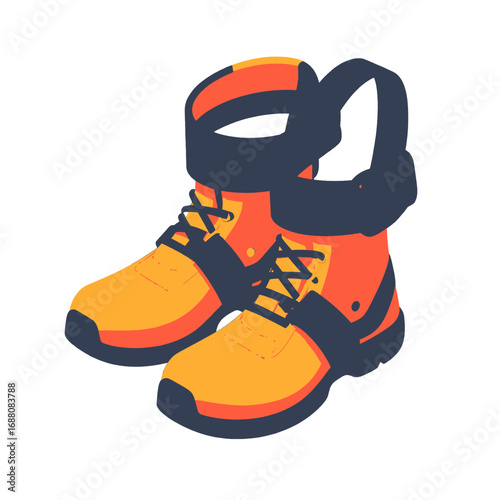 Isometric Orange Boots with Dark Blue Straps on White Background Still Life