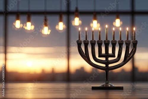 Dark metal menorah with lit candles against a sunset backdrop.