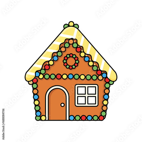 Vector art of a festive gingerbread house decorated with colorful icing and candies, isolated on a