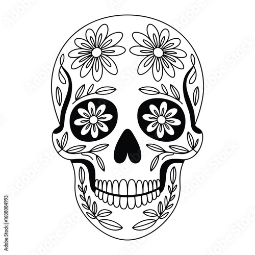 Intricate black and white sugar skull design with floral embellishments