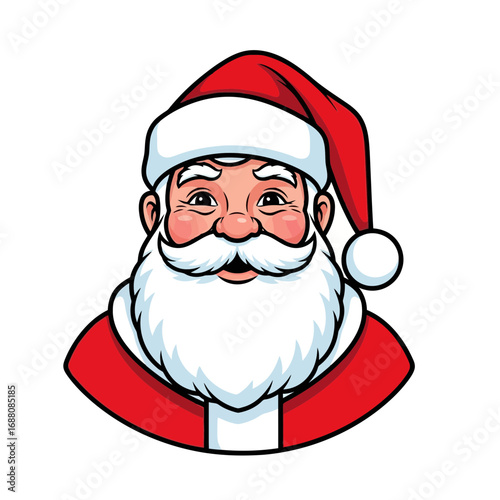 Illustration of santa claus face, a jolly man with a white beard and mustache, wearing a red hat
