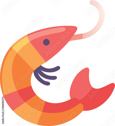 An icon of a sweet shrimp with a curved jump, a graphic of action, marine life, and food. Great for food, restaurant, or seafood projects.