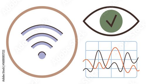 wireless signal icon, eye symbol with check mark, and line graph visualizing data trends. Ideal for technology, communication, security, analytics, networking monitoring connectivity. Simple flat