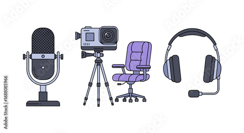 Essential equipment for content creators including a microphone camera chair and headphones for podcasts and streaming