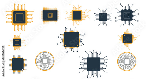Collection of computer microprocessor chips for technology and electronic engineering design
