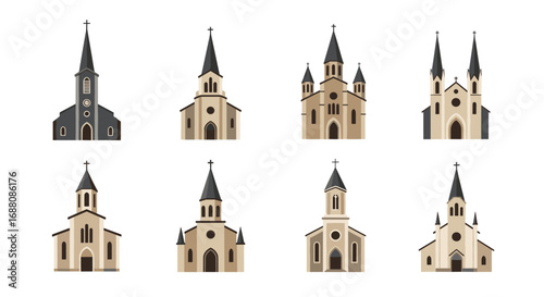 Collection of classic church building designs with tall steeple architecture and gothic window elements