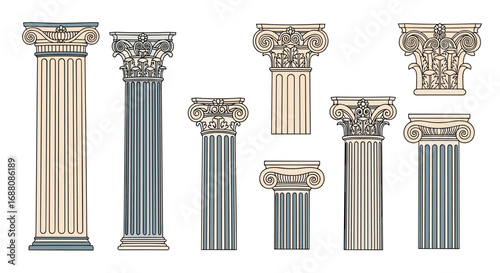 Collection of classical architectural columns showcasing various orders and ornate capitals
