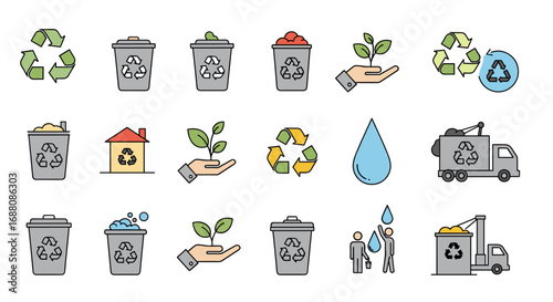 Collection of recycle and waste management icons representing environmental sustainability and cleanliness
