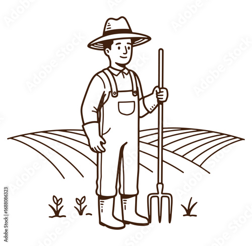 Illustration of a smiling farmer in overalls holding a pitchfork in a farm field