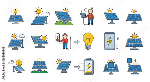 Collection of solar power generation and energy storage technology icons representing renewable electricity production