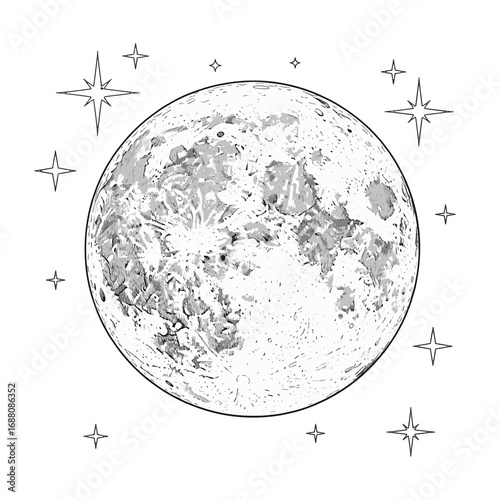 Wallpaper Mural Detailed Full Moon Phase with Craters and Surface Texture Surrounded by Sparkling Stars on Clean White Background Celestial Night Theme Astronomy Torontodigital.ca