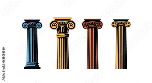 Four ornate ionic columns in different colors representing architectural styles and historical design elements
