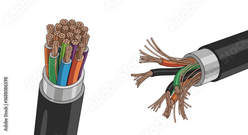 Detailed illustration of electrical cable construction showing internal conductors and insulation layers