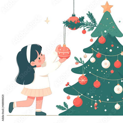 Wallpaper Mural Young Girl Decorating a Green Christmas Tree with Red Ornaments on White Background in Flat Design Torontodigital.ca