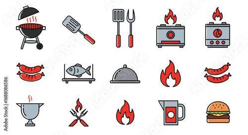 Collection of outdoor cooking and grilling utensils and food items for summer barbecues