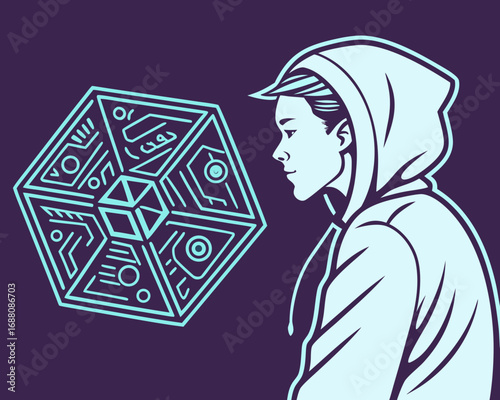 A futuristic figure contemplates a complex geometric structure with neon accents and design