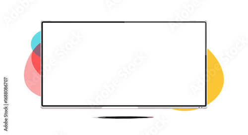 A high definition television displaying a blank white screen with colorful abstract shapes floating behind it