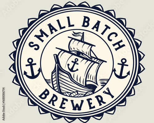 Small batch brewery logo featuring a sailing ship inside a circle